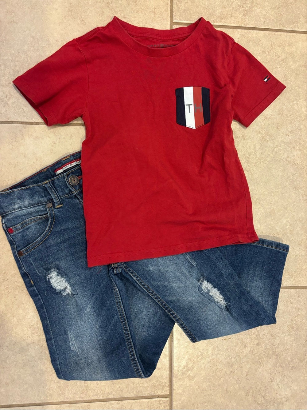 Tommy Hilfiger Red Short Sleeve Tee with Striped Pocket